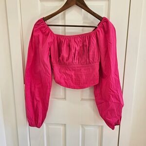 Japna Pink Crop Top Blouse Smocked Square Neck Long Sleeve Womens Small